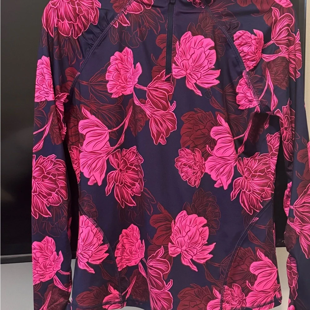 G/FORE Navy Long-Sleeve Top with Hot Pink Floral Print - Picture 1 of 4
